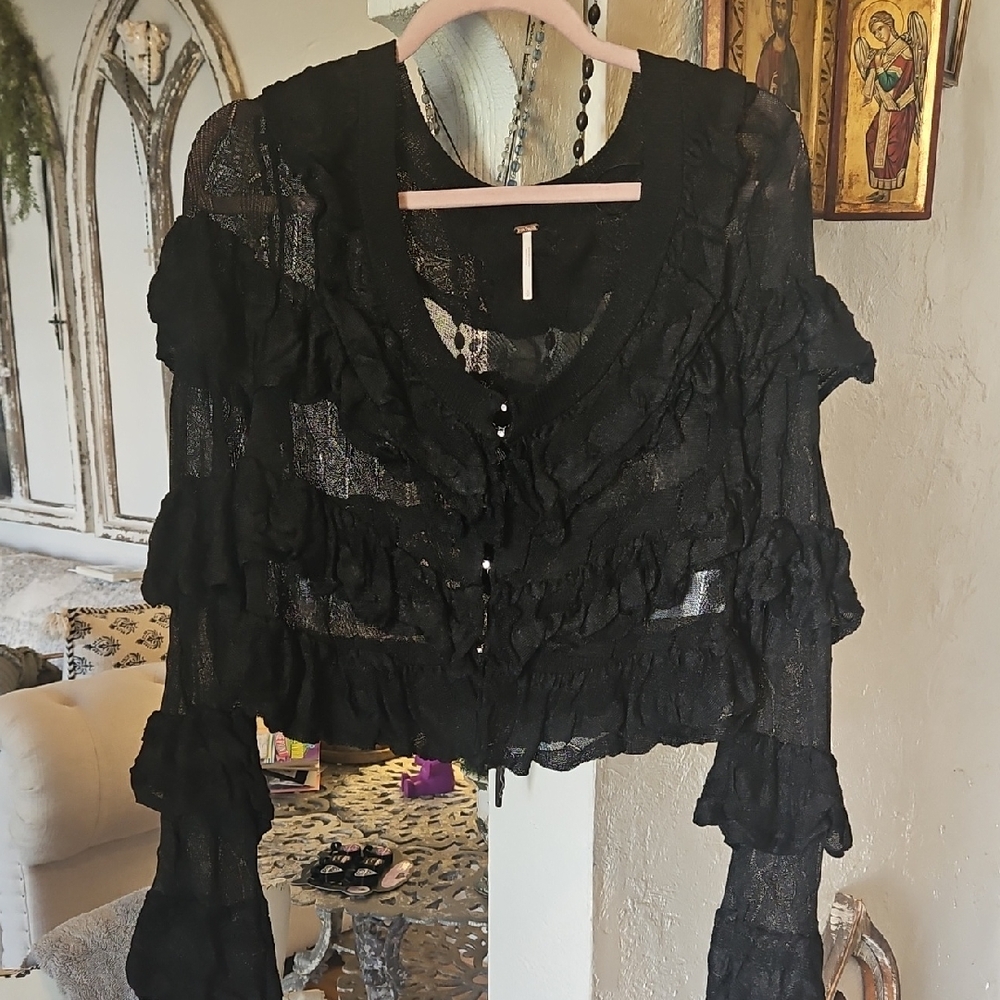 Free People Black Ruffled Top/Cardigan
